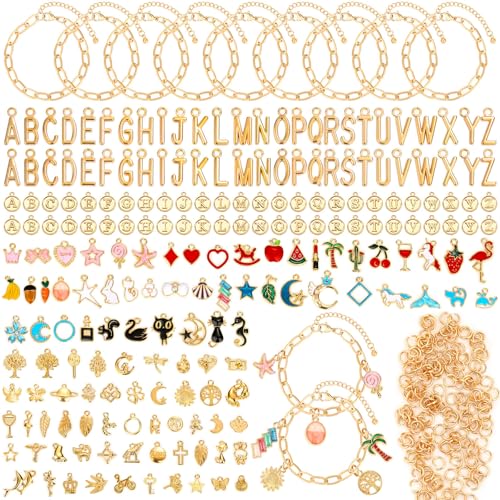 Flasoo 416 Pieces Gold Charm Bracelet Making Kit Including Paperclip Chain Bracelets Charms Jump Rings for Jewelry Making