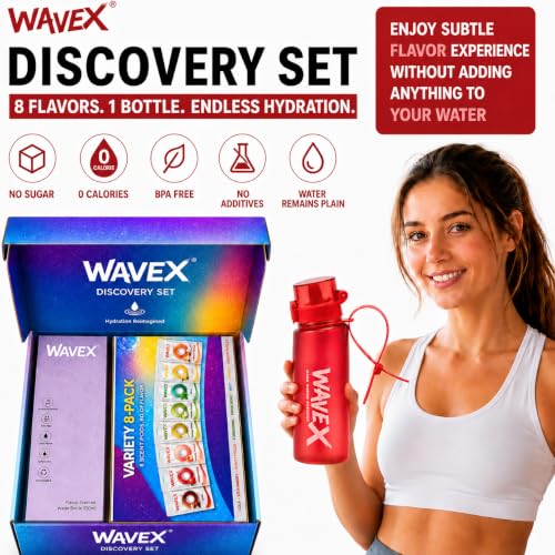 Image of Wavex Scented Water Bottle + 8 Aroma Scent Pods (Cola, Strawberry, Honey Peach, Energy Drink, Green Apple, Mint, Lemon, Orange Vanilla), Flip Top Lid, Straw & Carry Strap Included (Crimson Wave Red)