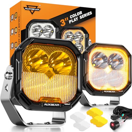 Auxbeam Color Play Series Spot Flood Combo 3 Inch 100W LED Pod Lights Amber White DRL & Turn Signal Dual Color Lens Covers Auxiliary Fog Lamp Cube Ditch Lights Off-Road Lighting Color Play D