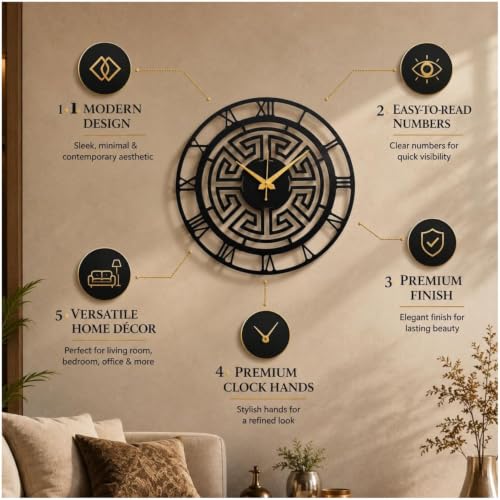 Image of 40 cm Metal Wall Clock | Silent Non-Ticking Skeleton Wall Clock | Modern Black Iron Analog Clock for Living Room, Bedroom, Hall, Office & Home Decor (Design-8)