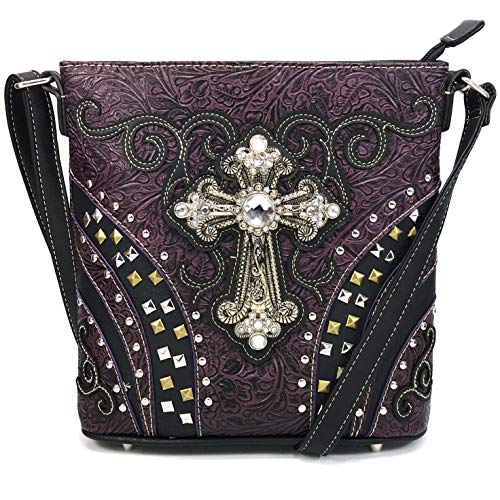 Justin West Clydesdale Tooled Leather Metal Stud Cross Conceal Carry Women Handbag Purse