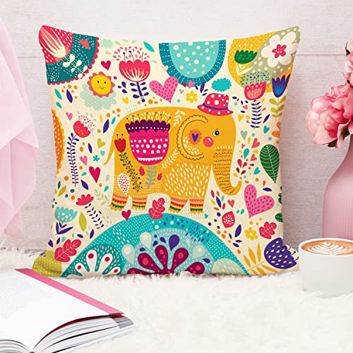 STITCHNEST Unique Cute Elephant Cartoon Blue Printed Canvas Cotton Cushion Covers, Set of 5 (16 x 16 Inches) 8