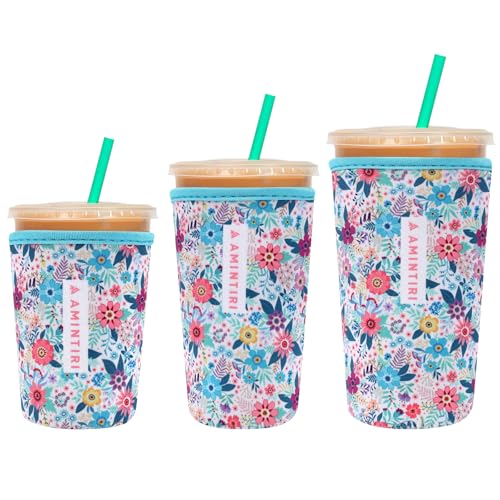 Image of 3 Pack Reusable Sleeve for Iced Coffee Cup, Coffee Neoprene Sleeve for Iced&Hot Drinks, Coffee Sleeve Compatible with Starbucks, Dunkin Coffee Cup. (Garden In White)