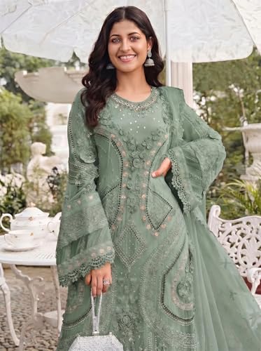 Image of RUDRAPRAYAG Women's Georgette Fabric Wih Embroidered Sequence Work And On Neck Moti Hand Work Semi Stitched Sharara Salwar Suit With Dupatta Set
