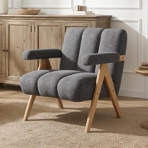 DAYALANE Fauteuil Salon Scandinave en Bois Tissu en Chenille Fauteuil d'Appoint Confortable avec Accoudoirs Chaise de Chambre pour Lecture, Gris