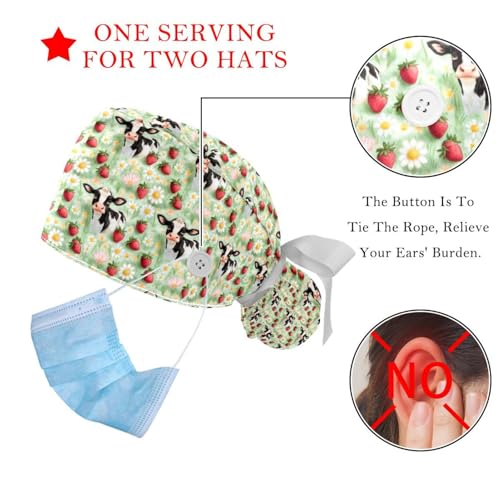 Image of 2 PCS Bouffant Cap with Button Ponytail Pouch Working Cap Sweatband Adjustable Surgical Cap Black and White Cow