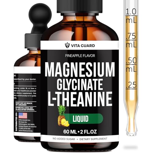 Image of Vita Guard Magnesium Glycinate 500mg & L-Theanine 200mg Liquid Drops - Maximum Absorption Sleep, Calm & Stress Relief Supplement - Sugar-Free, Natural Pineapple Flavor, Non-GMO - 60ml, 30-Day Supply