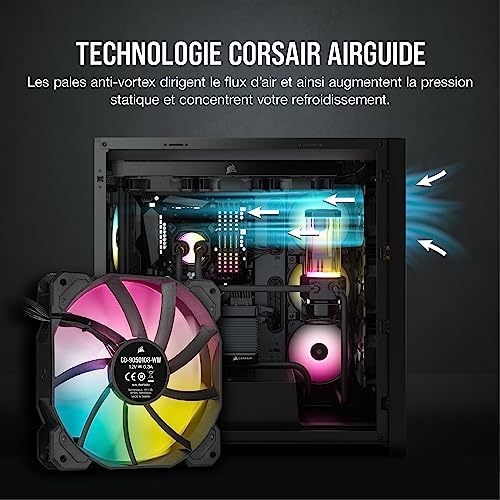 Corsair iCUE SP120 RGB ELITE Performance 120 mm Kit de Trois Ventilateurs avec iCUE Lighting Node CORE (Technologie CORSAIR AirGuide, Huit LED RGB Paramétrables, Silencieux niveau sonore 18 dBA) Noir