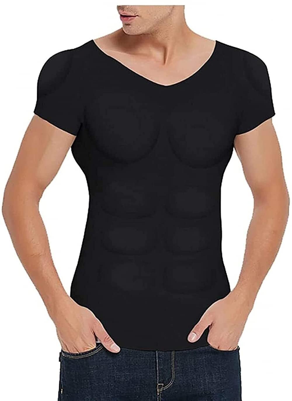 XUANFXPJ Men's Fake Chest Muscle Padded T-Shirt Breathable Compression Undershirt Invisible Abdominal Muscle Shirt(Black,L)