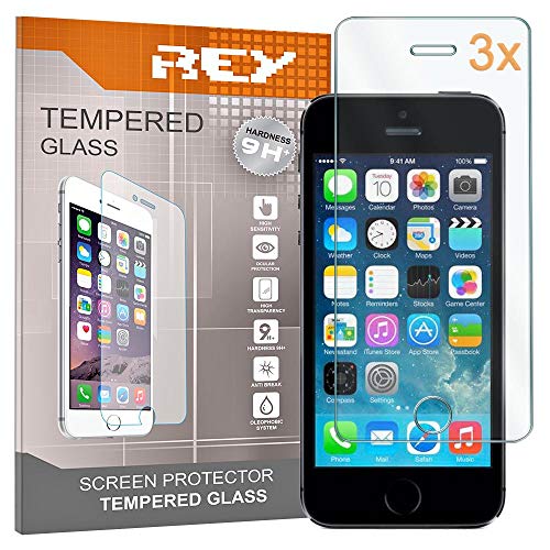 REY 3X Protector de Pantalla para iPhone 5 / 5S / 5C / SE, Cristal Vidrio Templado Premium