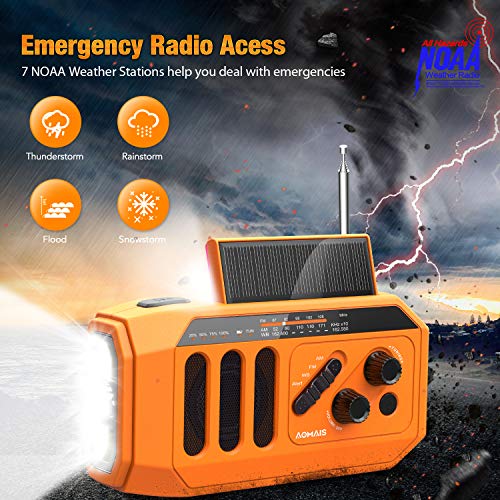 AOMAIS Emergency Radio, 5000mAh Hand Crank Solar Weather Radio, NOAA/AM/FM Portable Radio with LED Flashlight&Reading Lamp, USB Cell Phone Power Charger, SOS Alarm for Home, Camping&Survival
