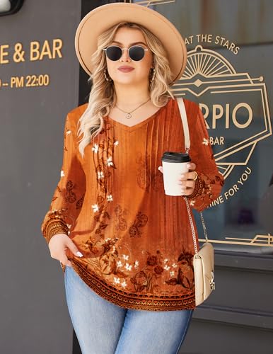 IN'VOLAND Womens Plus Size Shirts Puff Long Sleeve Tops Pleated V Neck Tunics Fall Dressy Casual Loose Blouse2