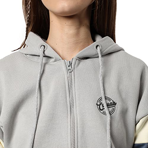 Image of Campus Sutra Women Grey Colour-Block Regular Fit Zipper Sweatshirt with Hoodie for Winter Wear | Full Sleeves | Cotton Sweatshirt | Casual Sweatshirt for Woman | Stylish Sweatshirt for Womens