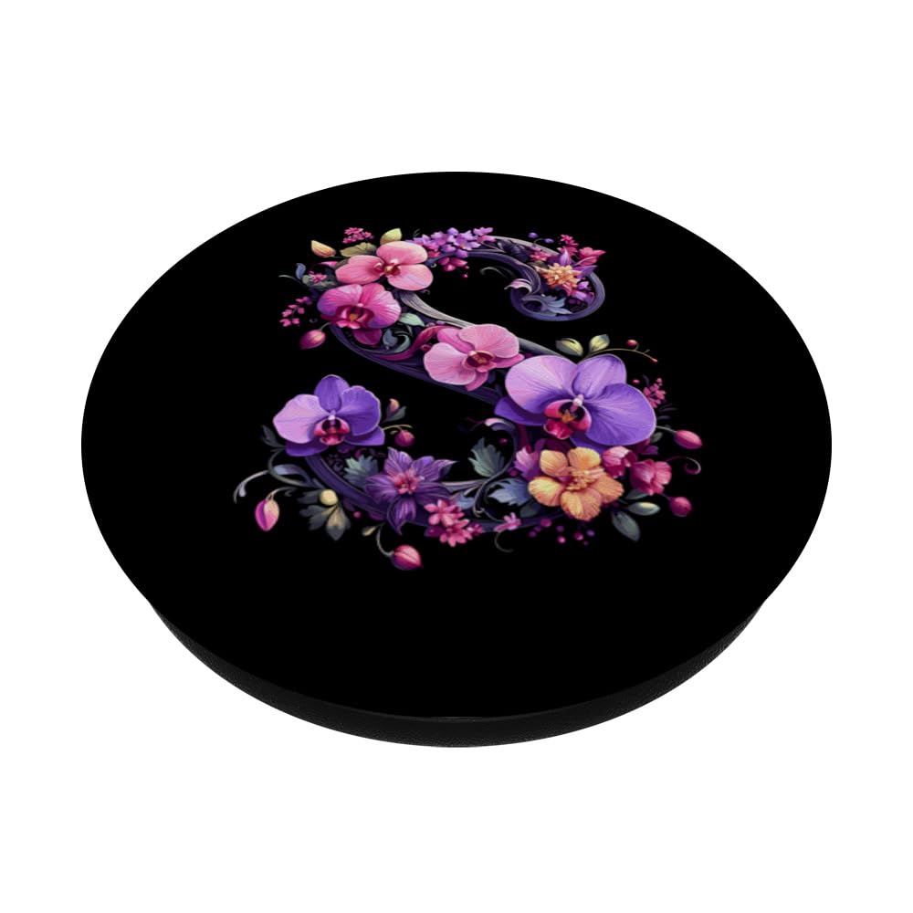 Floral Letter S Initials In Pink And Purple PopSockets Swappable PopGrip, Black - Image 2