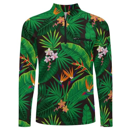 Tropical Jungle Floral Pattern Men's Rash Guard Long Sleeves Quick Dry Fishing Workout Shirts with Zipper4