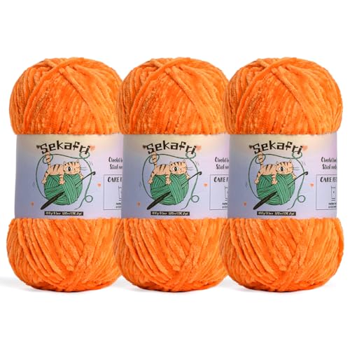 Image of 3 Pack of 300g (590yds) Fuzzy Chenille Yarn for Crocheting,Fluffy Amigurumi Crochet Yarn for DIY Craft /Hat /Clothes, Soft Velvet Baby Blanket Yarns(3 Orange)