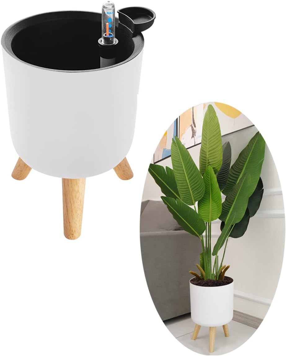 Self Watering Double Pots Planter with Wood Stand, 7.3 x 8 Inch Round Plastic Flower Pot with Water Gauge for Indoor or Outdoor Plant, Flowers, Herbs (White)