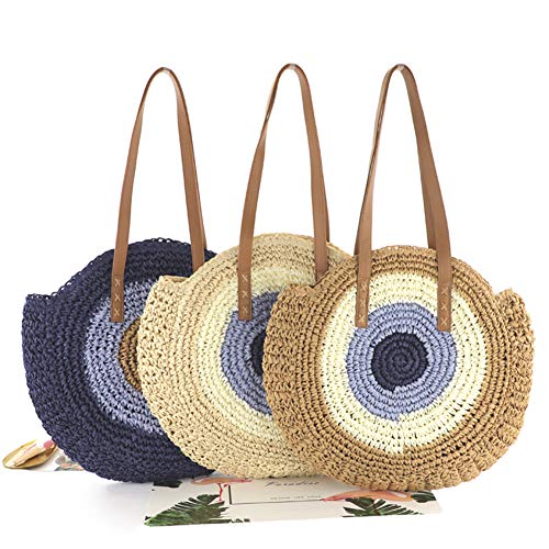 Bolso de paja redondo para verano, bolso tote grande de tejido grueso para playa, viaje y uso diario para mujeres (beige) miniatura 3