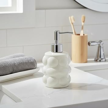 Deconox Beyaz Bubble Design Cam Sıvı Sabunluk - 450 ml Kabartmalı Şık Banyo ve Mutfak Sabunluğu (7x12 cm) (5065 - BEYAZ)