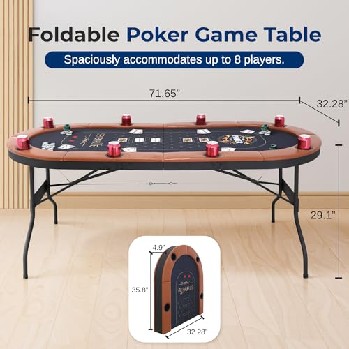SereneLife 6ft Foldable Poker Game Table, 8 Player Casino Style Oval Card Table with Cushioned Rails, 8 Cup Holders, Metal Legs, Water-Resistant, Felt-Surface, Games Table 71.65"x32.28"x29.13" Inch