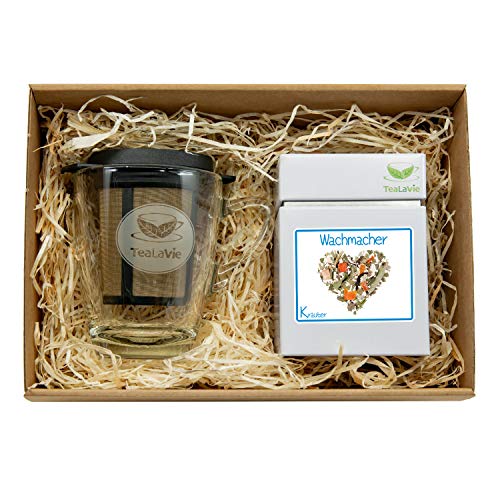 TEALAVIE - Tee Geschenk Set - TeaForOne Set Wachmacher | Stilvolles Tee-Glas mit Dauerfilter und exklusiver Teedose - 60g Kräutertee - Tea-For-One-Set Cover