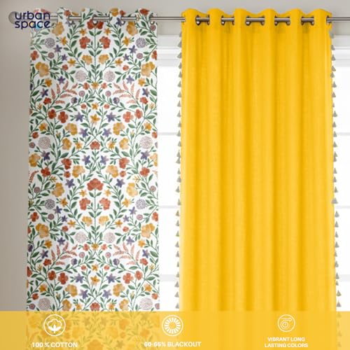 Image of Urban Space 100% Cotton Floral Curtains For Window, Combo Set Of 3 Curtains 5 Feet Long, 60-65% Room Darkening Curtains With Tieback & Eyelets For Home Decor (Vasant & Aura Yellow, 5 Feet)