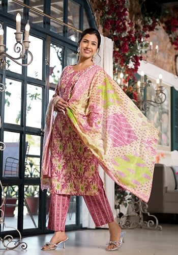 Image of MIRCHI FASHION Pure Cotton Women Straight Jaipuri Floral Print Kurti Set with Dupatta and Pant