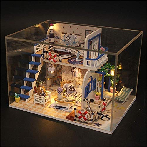 DIY Mini Puppenhaus Baby Holzmöbel Kit, Hellblaue Küste Handgemachte Hütte Kleines Haus Staubschutz & Spieluhr… – Bild 5