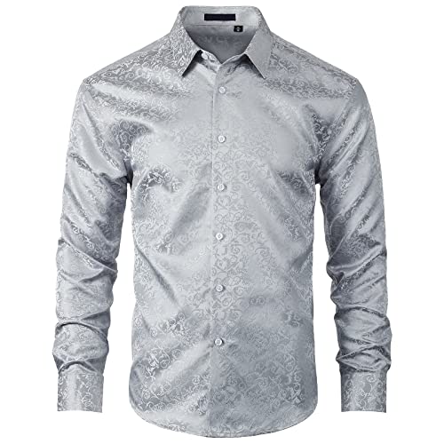 Enlision Camisas Casual Plata para Hombre de Seda Manga Larga de satín para Camisa Hombre Floral botone Ajuste Regular Negocio Camisa Plata Cover