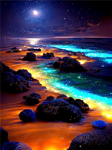 Yunnuo Moonlight Beach Diamond Art Kits for Adult, Diamond Painting Kits for Beginners, 5D DIY Full Drill Gem Art with Rhinestone Diamonds, 12x16 Inch, Home Wall Decor Gifts