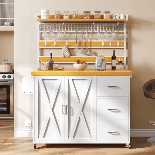 YITAHOME Farmhouse Coffee Bar Cabinet with Power Outlet and LED, 53 Inch Wine Bar Cabinet with Storage, Tall Shelf on Wheels, 3 Drawers, 14 Hooks, Buffet Kitchen Cabinet for Dinning Room, Wh