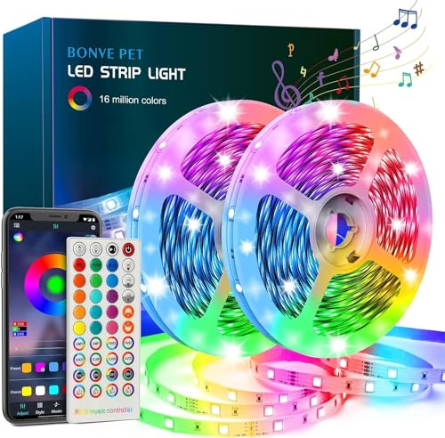 Bonve Pet LED Strip Light 20M(10M*2), RGB Color Changing LED Lights, Bluetooth APP & Remote Control, Music Sync and Timer,Led Lights for Bedroom, Kitchen
