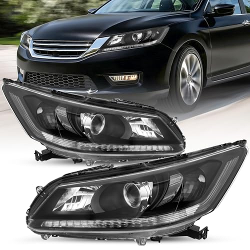 JSBOYAT Headlights Assembly Replacement for 2013 2014 2015 Honda Accord Sedan 4-Door [Halogen Model Only] Headlamp W/o LED DRL Black Housing Driver & Passenger