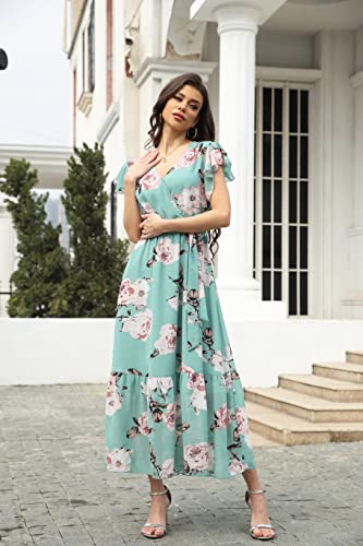 Image of VintageClothing Womens Sundress Casual Floral Summer Boho Dress | Flowy Wrap V Neck Ruffle A-Line Pleated Hem Midi Dresses