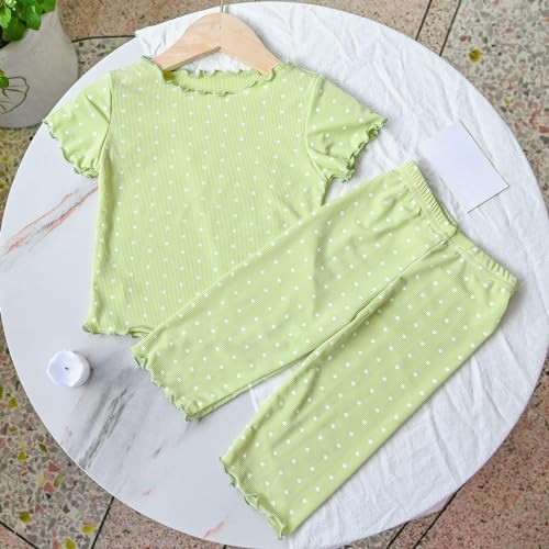 Girls Cotton 𝐏ajamas Set Polka Dot 𝐏ajamas Short Sleeve Ruffle Ribbed Knit Sl𝐞epwear Kids Ruffled Edge​ Loung𝐞wear2