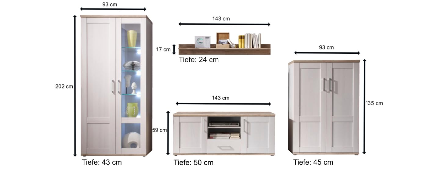 moebel-dich-auf Wohnwand Elegance in Sibiu-Lärche Nb. im Landhausstil Anbauwand Wohnzimmerschrank TV-Lowboard Fernsehschrank inkl. LED-Beleuchtung mit Sideboard