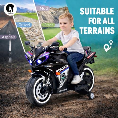 Image of LITTLE PUP 12V Battery Operated Ride on Bike for Kids of Age 2 to 8 Years- Electric Rechargeable Kids Bike with Hand Race, Music,Led Lights - (Black)