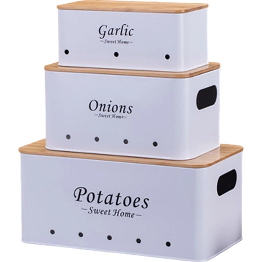 Brxmpn 3 Pack Vegetable Storage Tins, Potato Onion Storage Box, Storage Canisters for Vegeatables, Potato Onion Garlic Bin with Aerating Tin Storage Holes