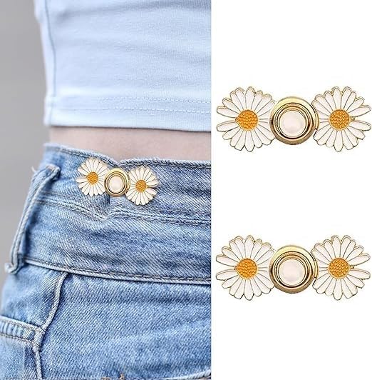 Image of YEKDA Denim Button Kit - 2 PCS Assorted Jeans Buttons for Quick Fix & DIY Adjustment - No-Sew Snap-On Metal Buttons for Pants, Skirts, Shorts - Easy Waist Size Control(2PCS Golden Flower)