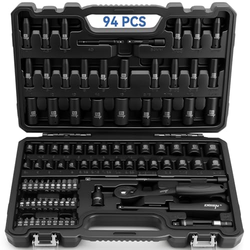 Image of DISEN 94 PCS 1 /4 inch Drive Impact Socket Set, Shallow & Deep Socket SAE(5 /32 inch-9 /16 inch) & Metric(4-15mm), Torx Screwdriver Bit Set, 72T Ratchet Wrench Handle, CRV Tool Set with Adapter, Automotive Repair