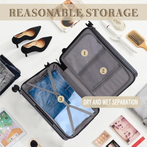 20"/24"/28" 3 Pcs/set in ABS Spinner Wheel Luggage Carry on Suitcase with Cup Holder & USB Port & Phone Holder-Black3