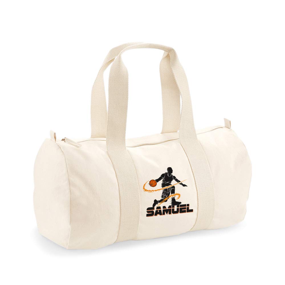 Personalised Basketball Player Any Name Sports Lover Gift for Men, Brother, Father, Boyfriend-Boy Birthday Present Gift idea Unisex Barrel Bag Holdall Zip Sports Bag Duffle Bag. (Natural)