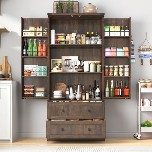 Farmhouse Kitchen Pantry Cabinet, 71 Tall with Barn Doors & Drawers, Rustic Brown Storage Solution