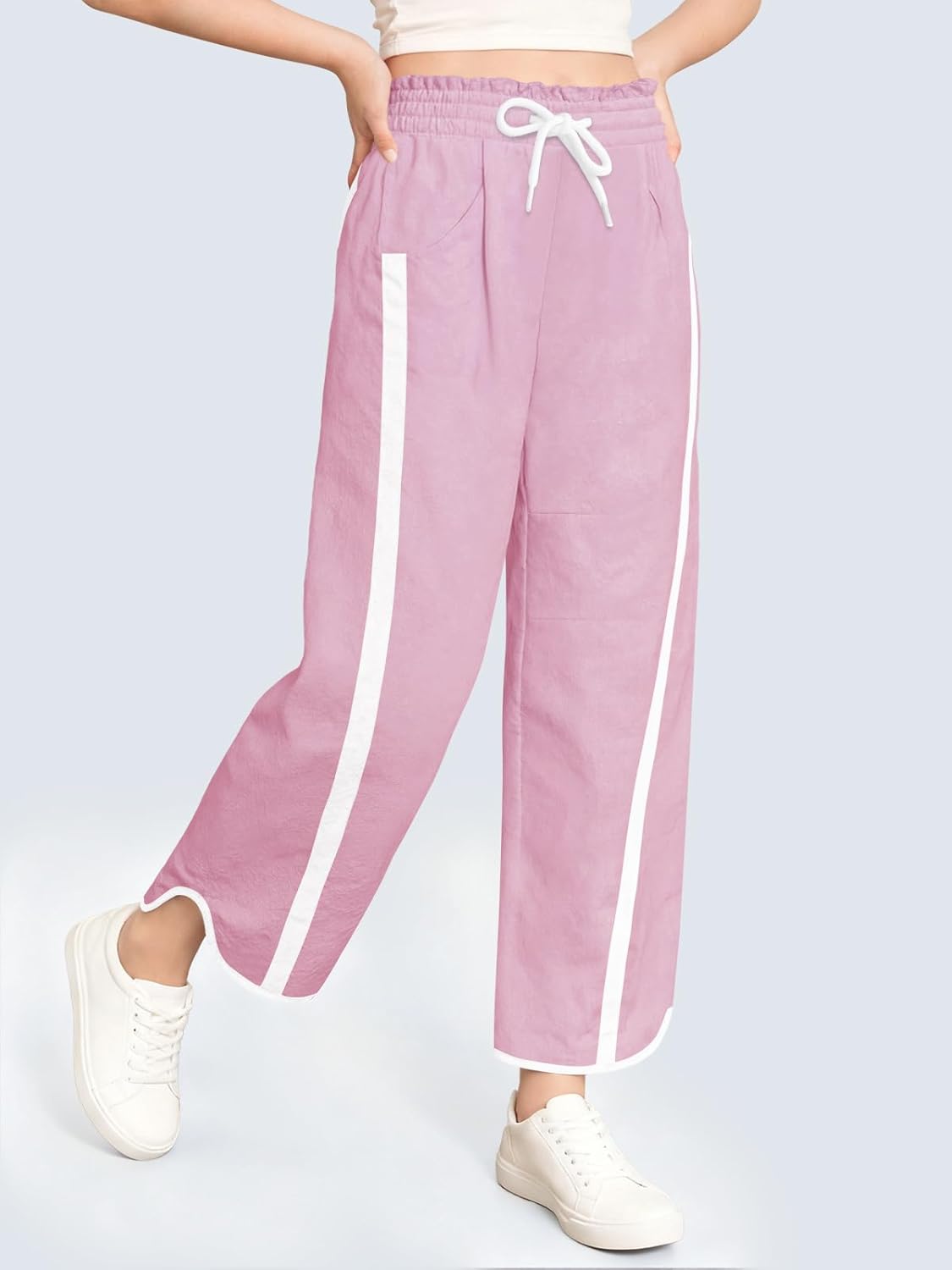 Haloumoning Girls Baggy Wide Leg Pants Kids Striped Elastic Waist Parachute Track Pants with Pockets 5-14 Years - Image 3
