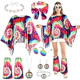 AOOWU Hippie Damen 9pcs Kostüm, 60er-70er Jahre Kleidung, Karneval Disco Accessoires, Cosplay Mottoparty Halloween