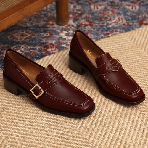 Image of MOOMMO Women Chunky Heel Penny Loafers Square Toe Buckle Slip On Comfort | Office Ladies Loafer Pumps 2 inch Stacked Block Heel Dress Loafers Oxfords Walking Dress Shoes Casual Size 4-11 M US