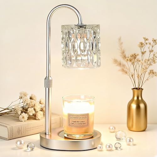 Dreamholder Electric Candle Warmer Lamp with Timer Dimmable Candle Lamp with Adjustable Height Wax Melter for Jar Candles Wood Base Floral Home Decor Gifts for Women Mom Silver Glass