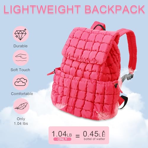 Image of Quilted Puffer Backpack for Women, Lightweight Soft Nylon Quilted Hiker Pack Top Flap Drawstring Backpack, Trendy Puffy Padding Gym Travel Bag for Casual Daypack Hiking Sport (Rose Red)