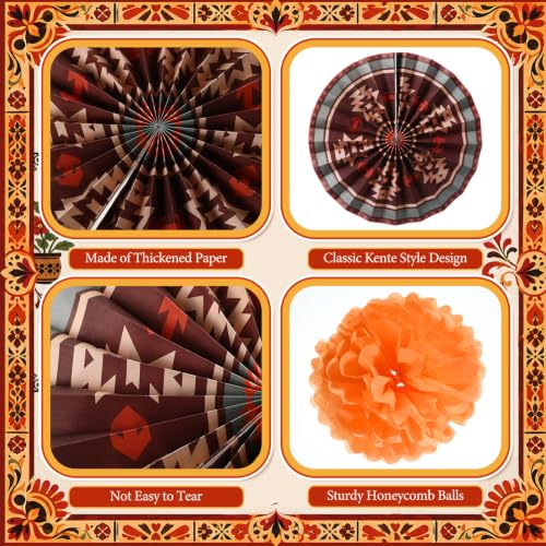 Image of Outus 21 Pcs Native American Heritage Month Decorations Hanging Paper Fans Paper Tissue Pom Poms Classroom Decorations Fans for Southwestern Tribal Ceiling Hanging Decor School Party Supplies
