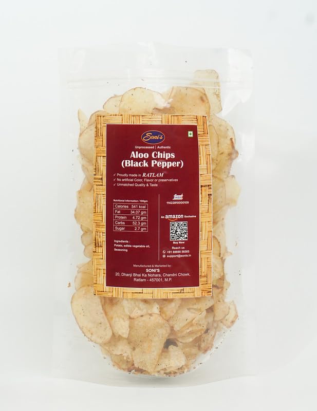 Sonis Black Pepper Aloo Chips (600g) Made In Ratlam | Authentic Taste Potato Spicy Chips | Tasty & Healthy Namkeen Snacks | No Preservatives or Artificial Ingredients | Every Day Fresh Indian Snacks (B0CQFTJZSR) Amazon Price History, Amazon Price Tracker